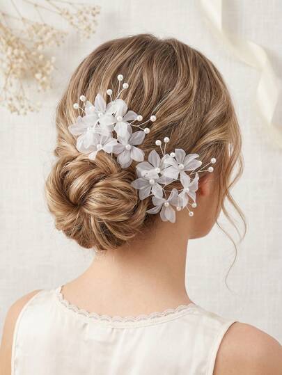 2/4pcs Set Chiffon Floral Hair Accessories, Pearl Decor U-Shaped Hair Clips, Elegant Bridal Bridesmaid Hair Pins For Daily Wear & Photography