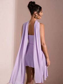 Vestido corto de gasa con escote en V profundo y cinta de color negro sólido, adecuado para citas diarias, salidas nocturnas, discotecas, fiestas, reuniones, fiestas de cóctel, monos de vacaciones, fiestas en la piscina, ropa de oficina, vestidos para ir y venir - Púrpura malva - Ver 6