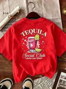 short-sleevePlayera de Mujer de Algodón1pcsWomens Tequila   Graphic T Shirt Pink Green Drinks Print Stretchy Poly 180gCuello Redondo Algodón 100% Tejido Suave Manga Corta100% Cotton - Rojo - Ver 1