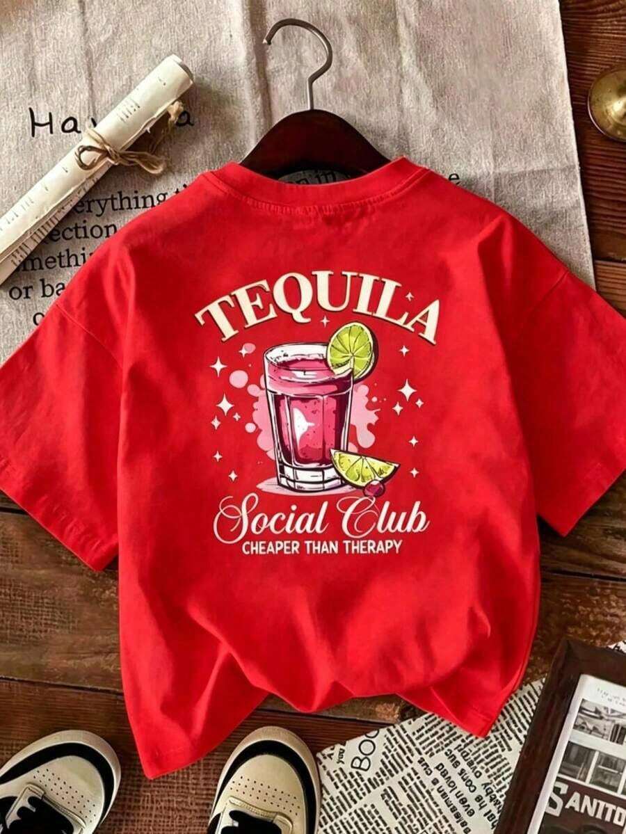 short-sleevePlayera de Mujer de Algodón1pcsWomens Tequila Graphic T Shirt Pink Green Drinks Print Stretchy Poly 180gCuello Redondo Algodón 100% Tejido Suave Manga Corta100% Cotton - Rojo - Ver 1