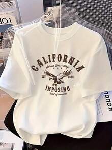 Women's California Graphic T-Shirt With Eagle And Bear Print And State Slogan - Soft And Stretchy Fiber Fabric, Silky Smooth, White Short-Sleeve Crew Neck Top For Casual And California Pride Outfits, Summer Fashion, Weekend Style, Design And, Stretchy Material, Comfortable Fit, Printed T-Shirt, Stylish Blouse, For Fashion Lovers, Adults, Y2k T-Shirt. - 黑色 - 查看 1