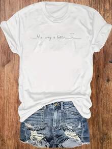 Camiseta de cuello redondo para mujer de edición limitada, cómoda y suave, con diseño de estampado cruzado, adecuada para uso diario casual, diseñpor His Way Is Better. Algodón ligero - Negro - Ver 8