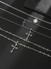 4pcs Cross Pendant Necklaces, Jewelry Gift For Family, Friends And Classmates - Antique Silver - View 4
