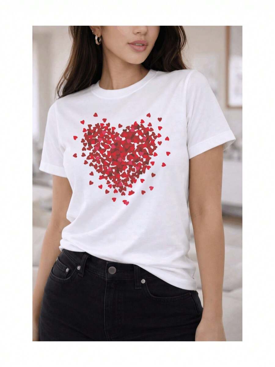 Soft 100% Cotton T-Shirt, Short Sleeve, Heart Mosaic Sleeve Print, Romantic Casual Style, Micro Hearts, Breathable Cotton T-Shirt, Goes With Everything, Great. - 白色 - 查看 1