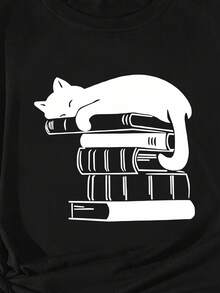 Camiseta de manga corta para mujer, de cuello redondo, casual y de moda, con estampado de libro de gato en blanco y simple, estilo de Oriente Medio, para adulta - Negro - Ver 3