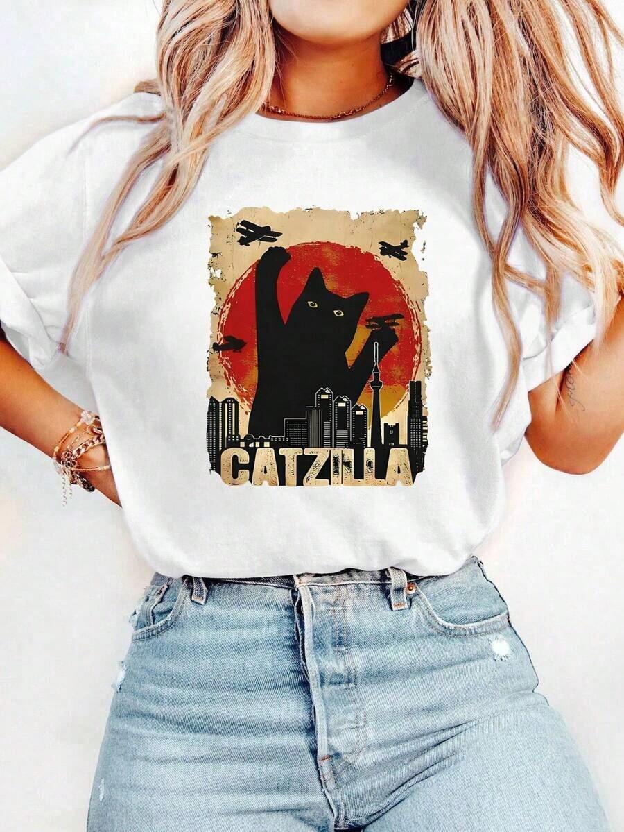 Soft And Comfortable Korean Style T-Shirt, Women's Casual Wear, Pure Cotton Short Sleeve T-Shirt With Printed Design, Round Neck, Short Sleeves, Soft And Breathable, Versatile, Suitable For Everyday Wear, A Must-Have For Fashionable Women! 100% Breathable Cotton - 白色 - 查看 1