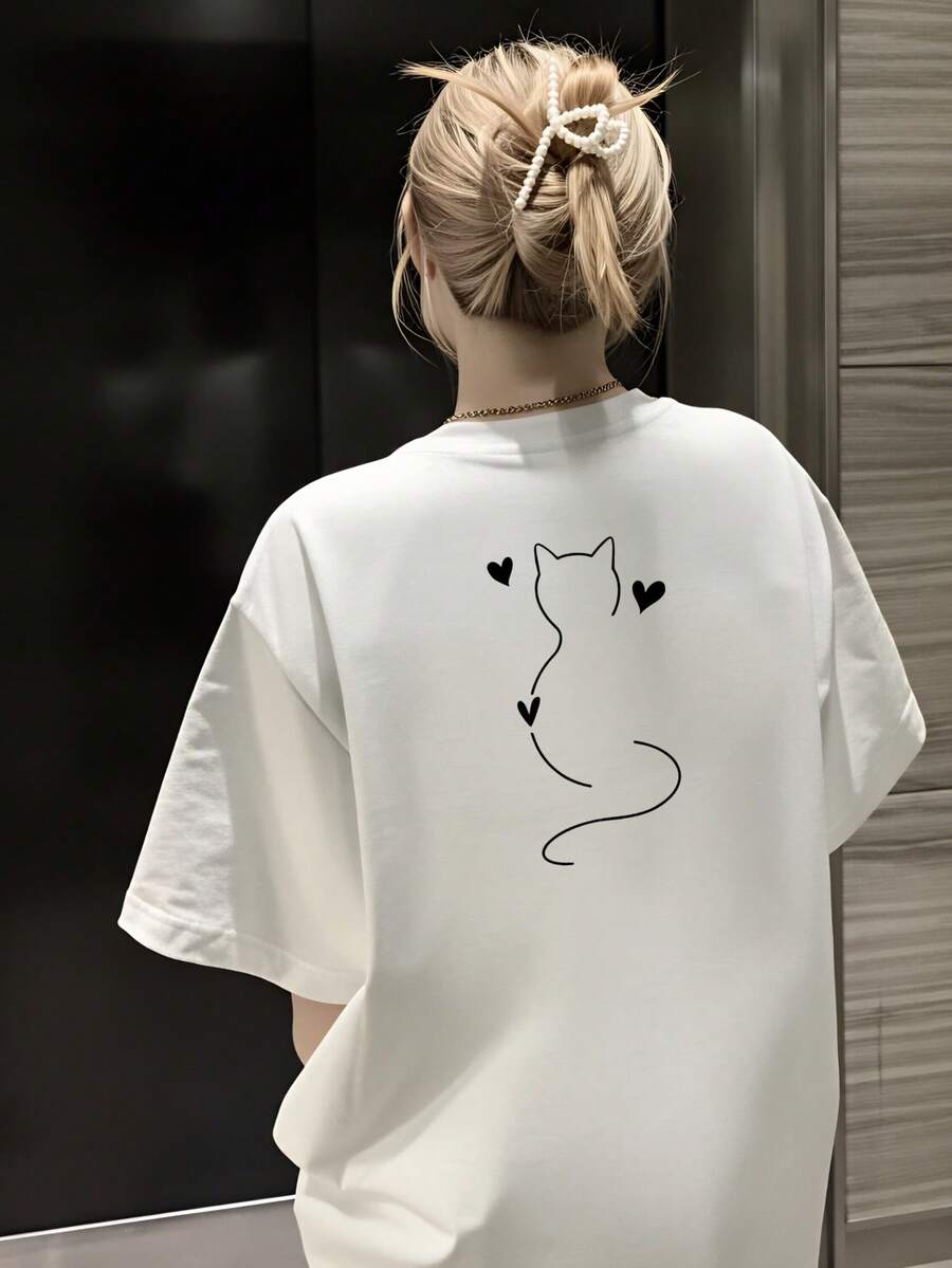 1 Women's Short Sleeve T-Shirt With Cat And Heart Print, 100% Cotton, Unisex, Available In White, Red, Light Gray And Dark Gray, Classic Casual Style, Gift - Unisex Short Sleeve T-Shirt, Round Neck, Urban Vintage Style, Loose Fit. - 白色 - 查看 1