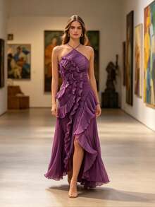 Women's Dresses 2026 Summer New Arrival Women's Fashion Ruched Halter Neck Sexy Bandeau Backless Dress - Bold Plum - 查看 1
