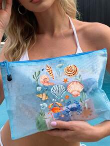 Multi Color Waterproof Fashionable Mesh Beach Bag, Colorful "Marine Creatures And Shells" Printed Makeup Bag, Beach Theme. Large Capacity Transparent Makeup Bag - Multicolor - View 2