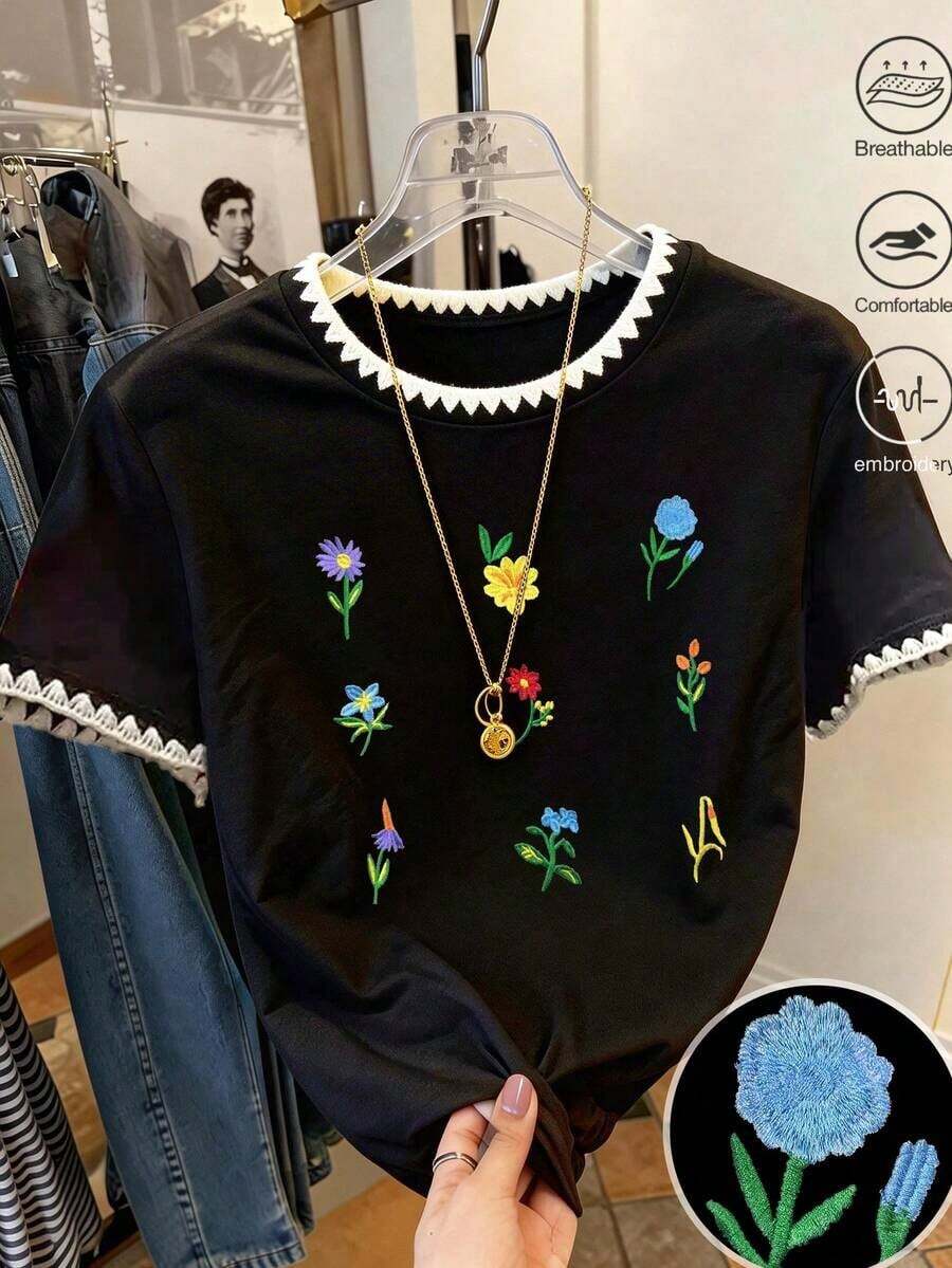 Camiseta Casual de Manga Corta con Cuello Redondo y Estampado Gráfico con Slogan de para Mujer, Regalo para Amigas - Negro 2 - Ver 1