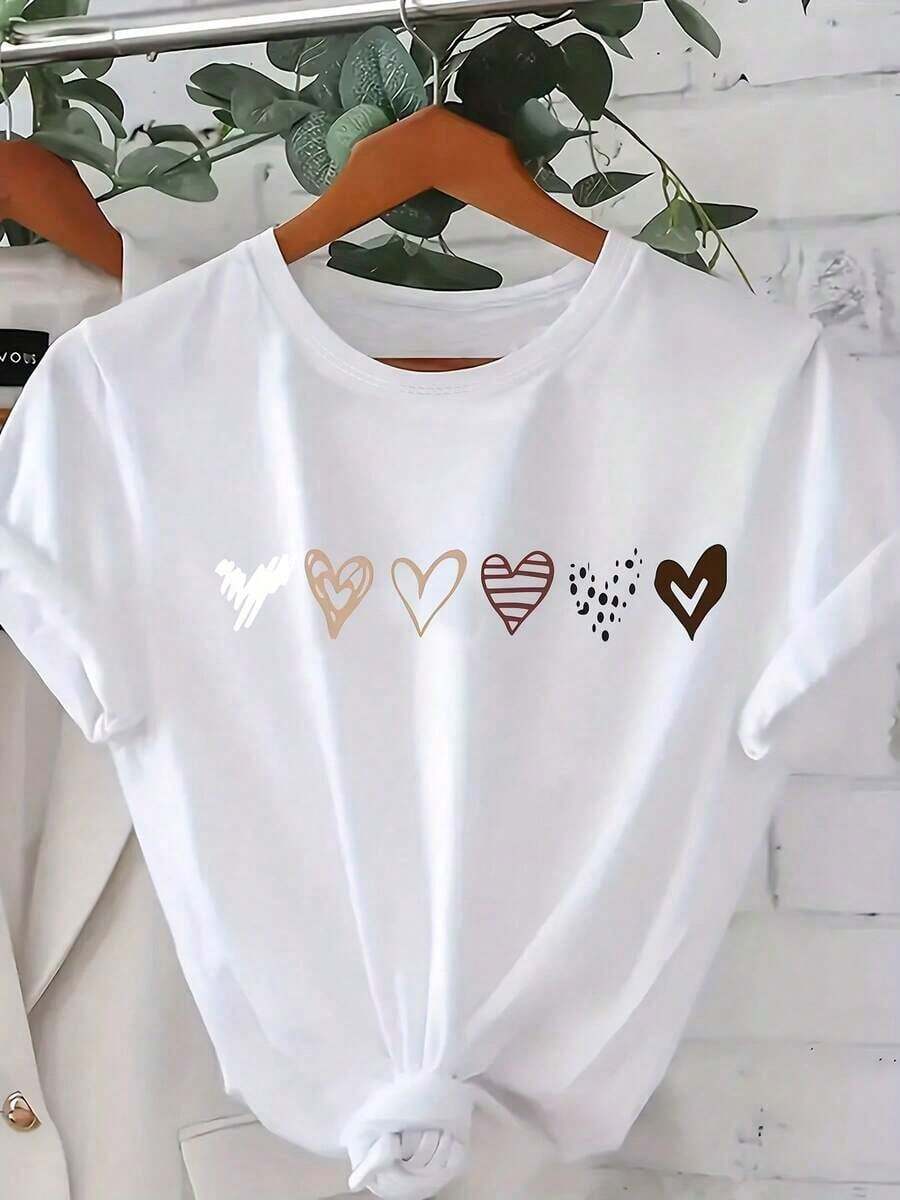 Valentine's Day Love Print T-Shirt, Six Hearts Design, Beautiful Women's T-Shirt, Fashionable Women's Clothing - Comfortable Cotton Short Sleeve White T-Shirt - 白色 - 查看 1