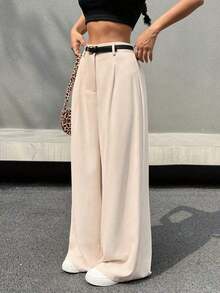 Pantalones anchos casuales y para ir al trabajo de mujer con cintura alta plisada y cinturón en beige - Beis - Ver 1