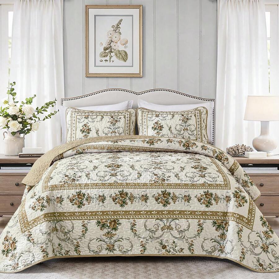 Purple Quilt Set Queen Size, 3PCs Antique Rose Light Purple Bedspread Coverlet Set, Lightweight Soft Microfiber Floral Quilt Set With 2 Pillowcases For All Season ( 96"X90"),Home Decor Room Decor Mothers Day Gift Wedding Decorations. - Purple-2007 - 查看 1
