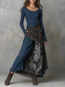 Casual Dress With A Full Skirt, Leopard Print, And Elastic Waistband, New 2026 Collection - 藏蓝色 - 查看 1