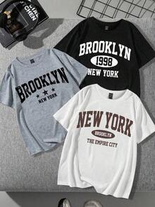 Set de 1 camisetas de manga corta, cuello redondo, ajustadas y casuales con estampado gráfico de "New York" en negro/blanco/gris, tallas grandes, adecuadas para el verano - Negro - Ver 8