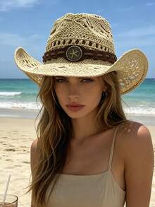 1pc Women's Outdoor Beach Western Hat, Sun-Shading Straw Hat, Bohemian Panama British Gentleman Hat, High-End Suitable For Beach Vacation,Summer - A - View 10
