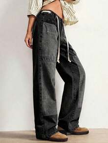 BohoFeels Pantalones vaqueros de tiro bajo, estilo boho, de invierno/primavera, para mujer, con estampado de rayas, parches de mezclilla lavada y pierna recta holgada, en estilo occidental y campestre, adecuados para conciertos, fiestas, vacaciones en la playa, uso diario, vuelta al colegio, salidas y fiestas, Año Nuevo - Gris - Ver 6