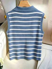 Chaleco de punto de rayas con cuello para mujer, elegante y casual - Azul - Ver 2