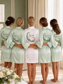 Green Bridesmaid Robe, Solid Satin Sexy Tie Sleepwear, Suitable For Vacation, Gift, Party, Bride, Bridesmaid, Wedding Supplies And Bachelorette Party - Mint Green - View 5