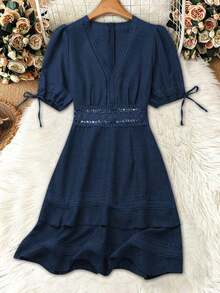 Clasi Vestido mini de manga abullonada con ribete de encaje de unicolor para mujer, para verano - Azul marino - Ver 3