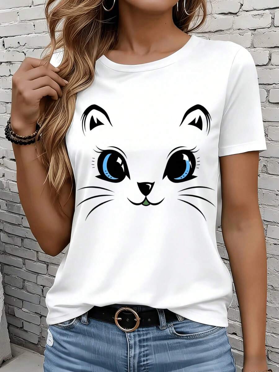 Women's Short-Sleeved T-Shirts In Black And White Are Suitable For Everyday Wear, Lounging At Home, And Outdoor Activities. This Women's T-Shirt Features A Cat Face Print, Is White, Short-Sleeved, And Has A Casual Style With A Graphic Design, Making It An Ideal Gift For Parties Or Holidays. - 白色 - 查看 1