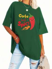 Talla Grande, Camiseta con Estampado de Letras, Manga Corta, Cuello Redondo, Top Casual, Ropa de Mujer - Verde - Ver 6