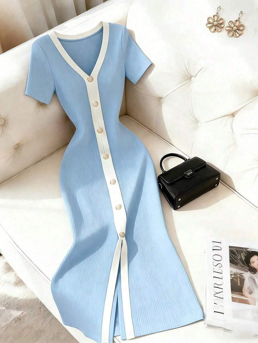 Vestido de manga corta con botones delanteros y ribete de punto, estilo elegante francés para mujer - Azul - Ver 1