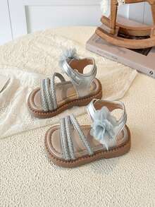 1 par de sandalias de estilo princesa para niñas, suelas blandas y antideslizantes, decoración de flores de cristal y malla, adecuadas para uso diario escolar y ocasiones formales - Plateado - Ver 4