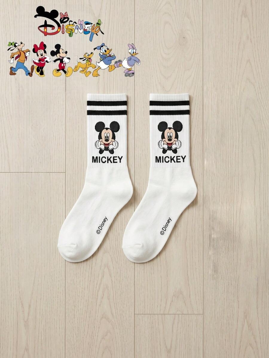 Disney 1雙復古迪士尼米奇與好友圖案中筒襪,中性條紋中筒襪,情侶襪套組 - 黑色 - 查看 1