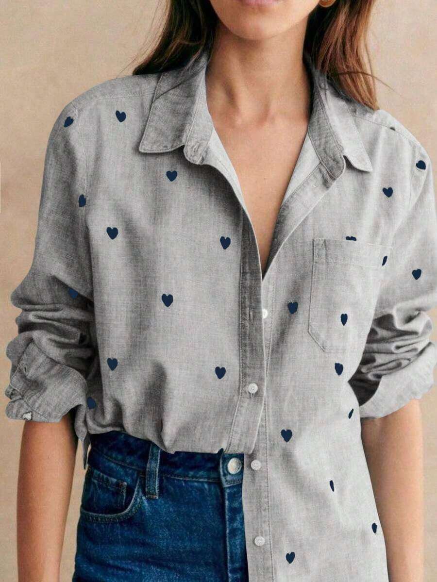 Camisa polo de manga larga con bolsillo y estampado de corazón de unicolor básico casual para mujer, adecuada para uso diario en , verano y otoño - Gris - Ver 1