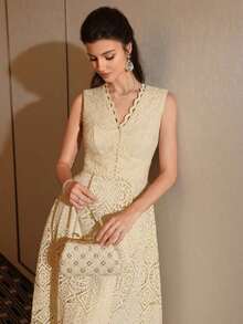 Vestido minimalista y estilizador con diseño de encaje y parches para mujer - Amarillo claro - Ver 7