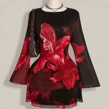 ICON Plus Size Women's Autumn Dresses, Women's Long Sleeve Dresses, Y2k Vintage Large Floral Mesh Trumpet Sleeve Sexy Festival Dress For Daily Wear - Rojo - Ver 1