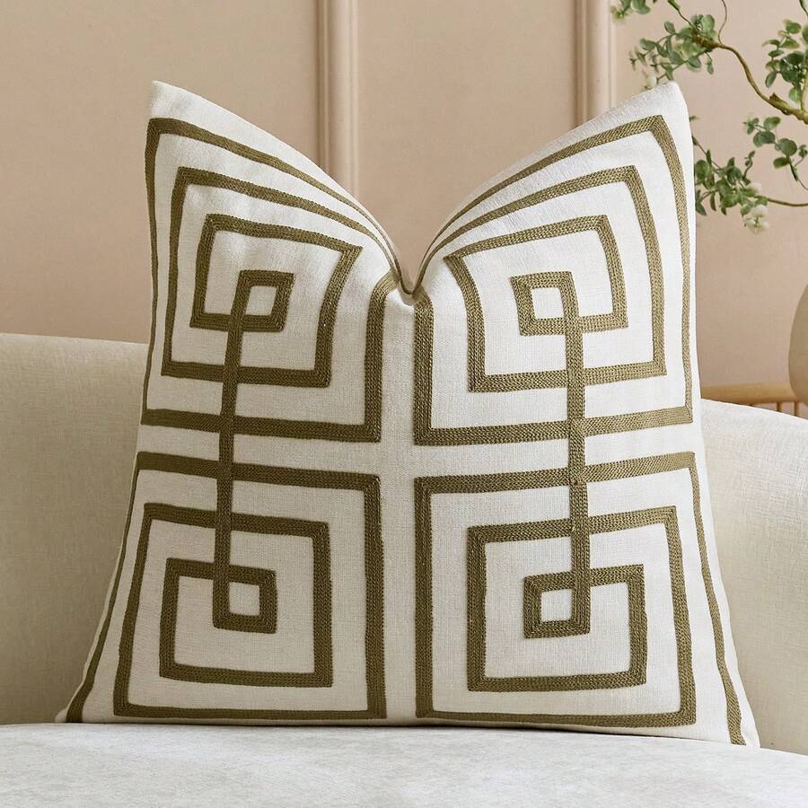 1pc Embroidered Throw Pillow Cover Outdoor Spring Summer Boho Decorative Pillow Cover With Zipper For Living Room, Sofa, And Bed - Geometric Pattern Design Pillow Covers - Beige - View 1