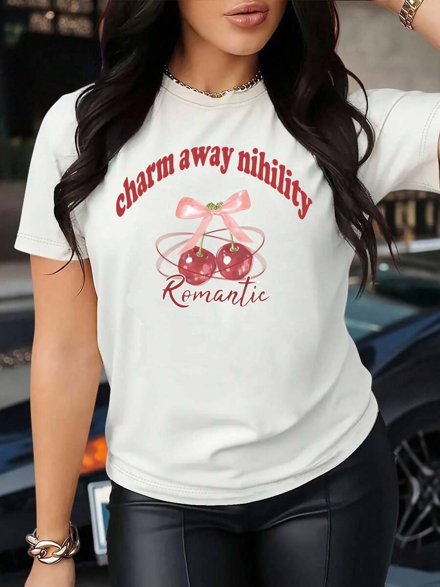 Women's Fitted White T-Shirt With Cherry Print And Bow "Romantic", Casual Chic Style. Casual Summer T-Shirt With Romantic Cherry Graphic, Chic And Flattering Style. - YH319-白色 - 查看 1