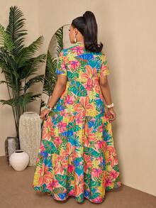 BIUBIU Plus Size Vibrant Tropical Vacation Dress, Short Sleeve V-Neck Button Down Dress With Ruffle Hem, Suitable For Holiday Wear Elegant Summer - Color - View 2