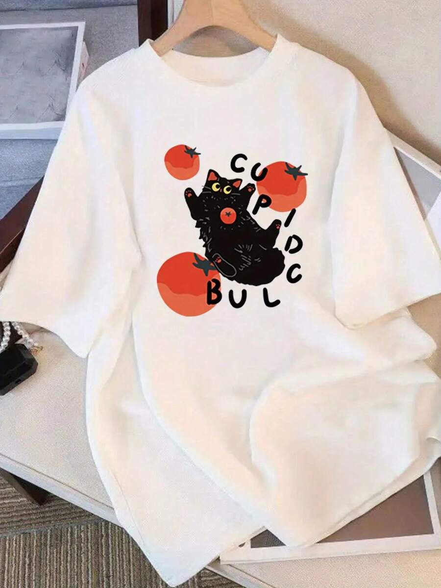 Camiseta Negra para Mujer - Bonito Estampado de Gato Cupido, Manga Corta, Cuello Redondo Suave y Transpirable para Uso Diario en San Valentín - Camiseta Casual Lavable a Máquina - Blanco - Ver 1