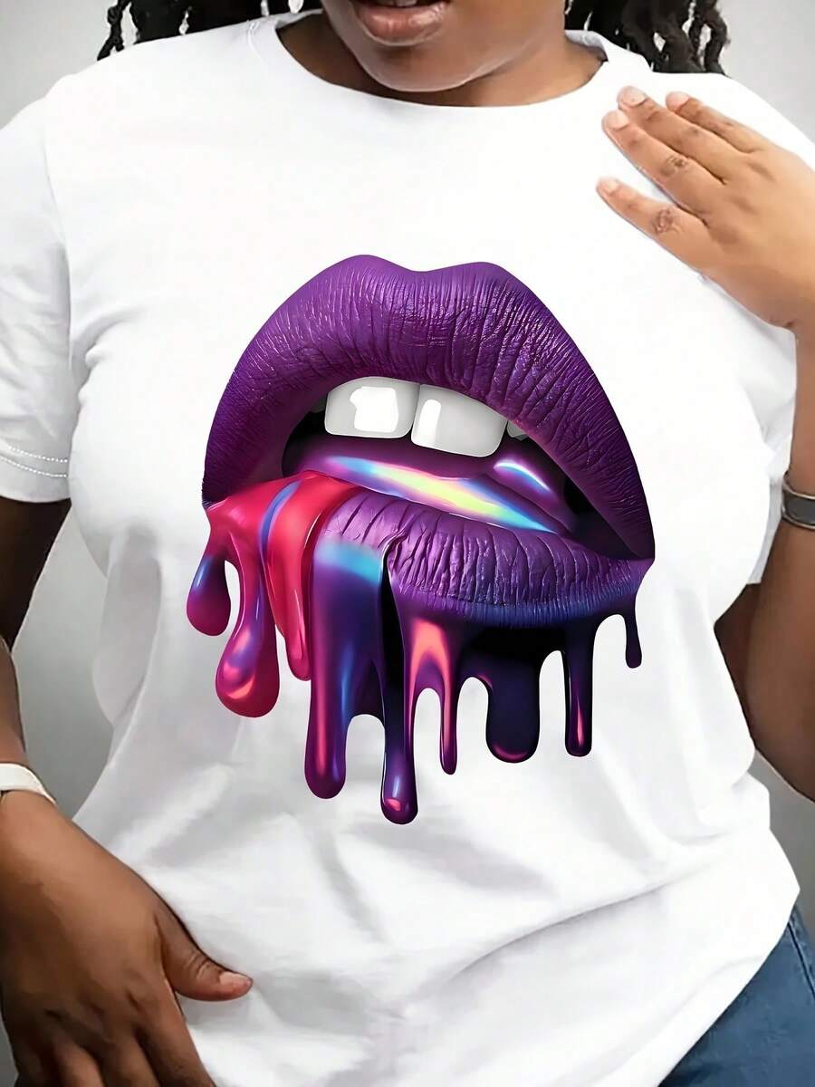 Talla Grande - Talla Grande - Esta exclusiva camiseta de manga corta para mujer presenta un vibrante labio morado y una colorida lengua. Tiene un escote redondo, lo que lo hace perfecto para salidas informales, fiestas y uso diario. - Blanco - Ver 1