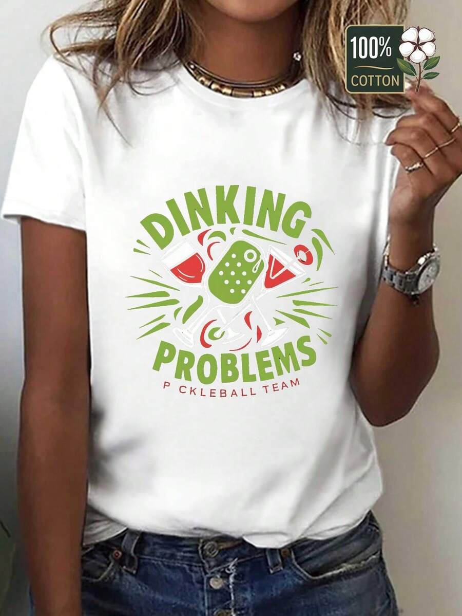 Oversized Women's Comfortable Pure Cotton T-Shirt With Fun Pickleball And Wine Design, Loose Fit, Casual Style, Fun Prints, Lightweight, Durable, Printed T-Shirt, Short Sleeve, Women's Fashion, Ideal For Sports Enthusiasts. - 白色 - 查看 1