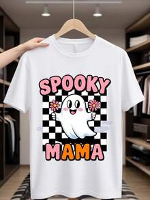 Camiseta Spooky Mama de las mujeres - lindo rosa y blanco estampado a damas con sonriente POOKY MAMA texto, relado uste manga corta cuello de la tulación tee para tres de Halloween, regalos de Navidad, desgaste informal (accesorio de tre) - Blanco - Ver 2