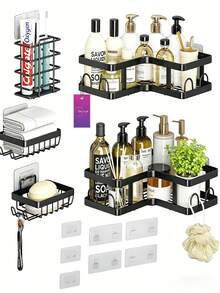 No-Drill Adhesive 5-Piece Corner Bathroom Shelf Set – Large Capacity, Space-Saving Storage Rack Available In Two Colors (Black/White), Includes A Soap Dish, Toothbrush Holder, And Hooks. Waterproof And Rustproof, Suitable For Kitchens, Dining Rooms, Parties, And Makes A Great Gift For Friends And Family, Christmas Decoration, Home Décor, Valentine's Day Gift, Family Gift, And Room Decor. - màu đen - Xem 9