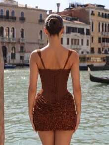 New Luxury Women's Spaghetti Strap Bodycon Sleeveless Mini Dress, Fashion Exquisite Patchwork Herringbone Design, Fitted Bustier Cocktail Party Formal Evening Short Gown - Coffee Brown - View 5