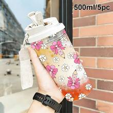1个/5个装 500毫升 可爱返校印花塑料杯，带吸管和盖子，防漏可重复使用水瓶，适用于冷热饮，配有粉色挂绳，是送给学生、女生和青少年的理想礼物 - 多色2 - 查看 16