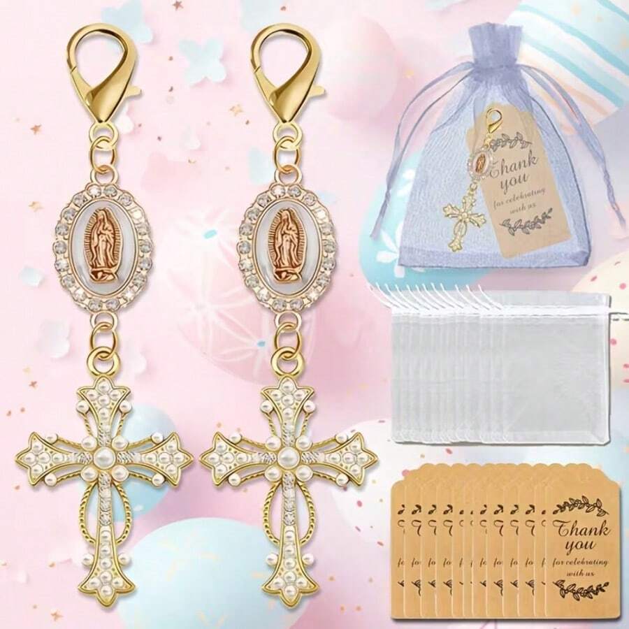 20sets/60pcs Gold Cross Keychain Set, Baptism Gift Set, Communion Gift, Baptism Favor, Communion Decoration - Multicolor - View 1
