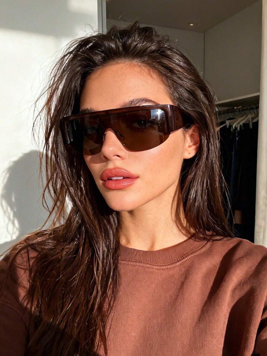 1pc New Arrival European And American Fashion Half-Frame Wide-Leg Women's Fashion Glasses, Street Style - Tea Frame Tea Leaves - View 1