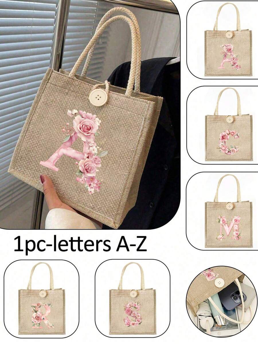 1个字母图案手提包,粉色玫瑰花卉亚麻手提包,装饰纽扣点缀手提包,简约大容量手提包,便携休闲收纳手提包,多功能购物袋,大容量,适合购物、单肩包、手提包、午餐包,适合女性日常使用、约会、生日、节日、返校、夏季、度假、海滩、商务旅行、上学、野餐、露营、日常收纳(纽扣款式随机) - 彩色 - 查看 1