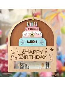 1张2D木质生日现金卡，造型新颖，印有“生日快乐”字样和彩色生日蛋糕图案，适用于生日派对礼物、装饰、家居装饰、现金礼物、礼品包装盒装饰、木质DIY工艺品。 - 多款 - 查看 2