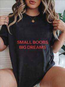 Camiseta Casual de Manga Corta para Mujer - Cuello Redondo, Estampado "Small Boobs Big Dreams", Top de Verano, Lavable a Máquina, Camisetas para Damas, Ropa Casual, Estilo Moderno, Ajuste Cómodo  
 -Blanco - Negro - Ver 7