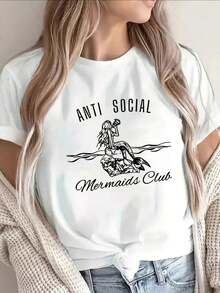 Camiseta de mujer de manga corta, ligera y duradera, con el diseño del Club Anti Social de Sirenas, perfecta para salidas casuales en casa o en una cafetería, con un ajuste cómodo para uso diarioComfortable, versatile short-sleeved top. - Blanco - Ver 1