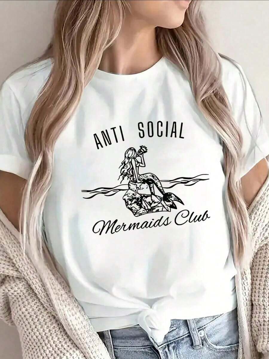 Camiseta de mujer de manga corta, ligera y duradera, con el diseño del Club Anti Social de Sirenas, perfecta para salidas casuales en casa o en una cafetería, con un ajuste cómodo para uso diarioComfortable, versatile short-sleeved top. - Blanco - Ver 1