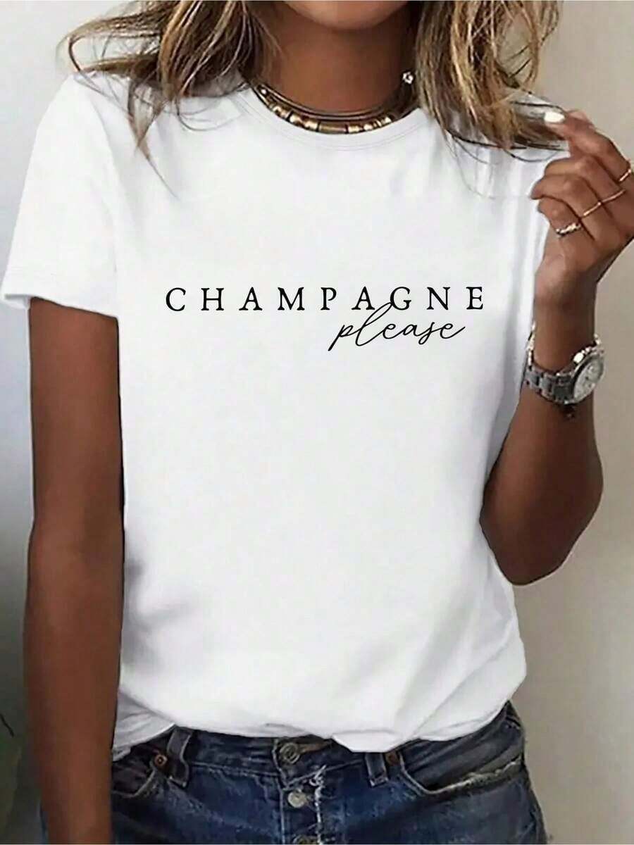 Camiseta de mujer moderna, informal, para fiestas y para estar en casa, 100% algodón, corte holgado. . Camiseta Deportiva de Moda para Mujer con Estampado de Letras Color Champán, Cuello Redondo, Manga Corta, Estilo Vintage Urbano, Unisex, Holgada, de Algodón - Blanco 1 - Ver 1